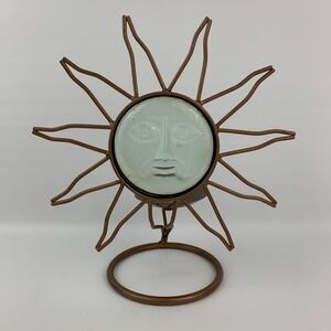 Boho Celestial Sun Face Metal Candle Stand Glass Rustic Copper Color 10.75"